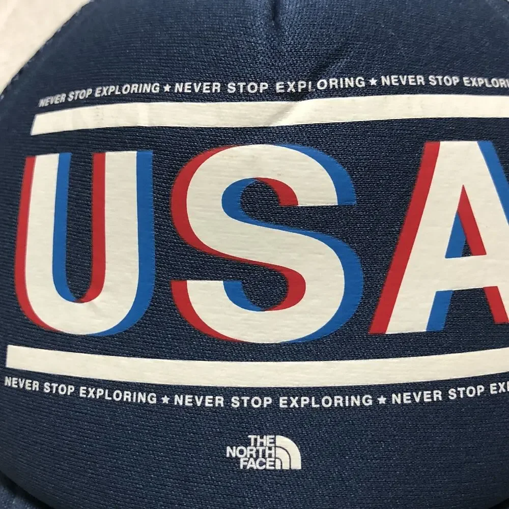 USA Trucker Hat The North Face Snap Strap Cap Mesh Blue Screen Printed Patriotic